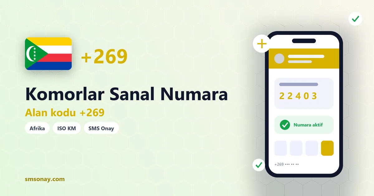 Komorlar sanal numara (+269) ile SMS onay görseli